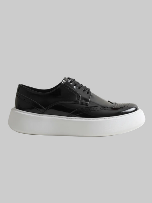 Apollo Moda Men's Empoli Noir Elegance patent black brogue dress shoe with white platform sole, main product photo