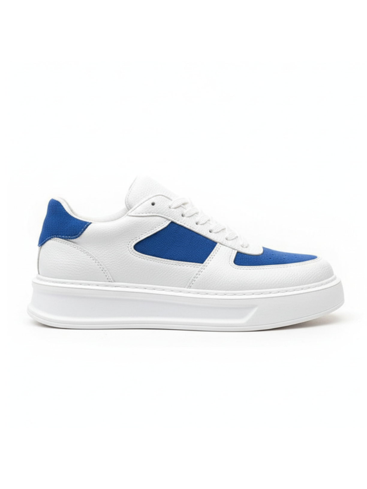 White sneaker with blue accents on a white background