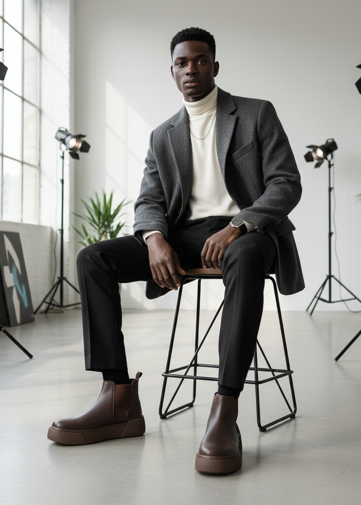 Man in gray coat and black pants wearing Avalon Coffee Brown Chelsea boots.
