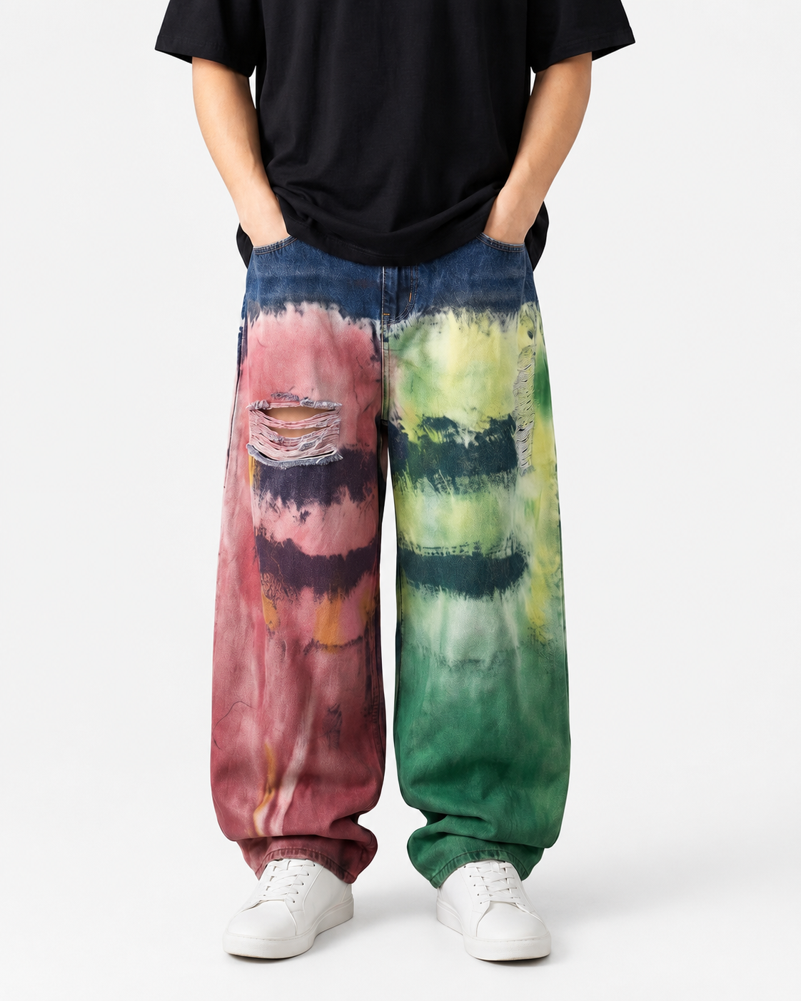 Color splatter tie-dye oversized wide-leg jeans by Apollo Moda, main product view