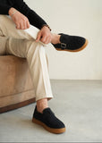 Arden Flux brown suede slip-on shoe with buckle by Apollo Moda, third angle