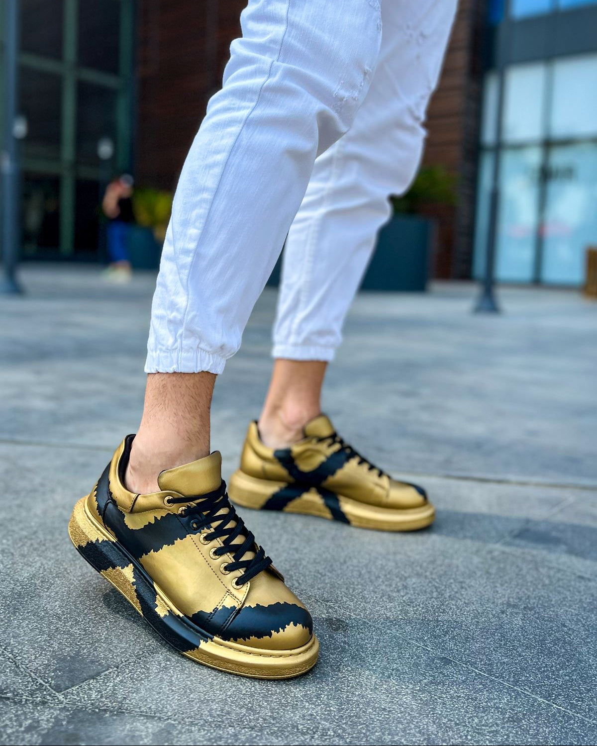 Lisbon Gold & Black hand-painted custom sneaker by Apollo Moda, second angle