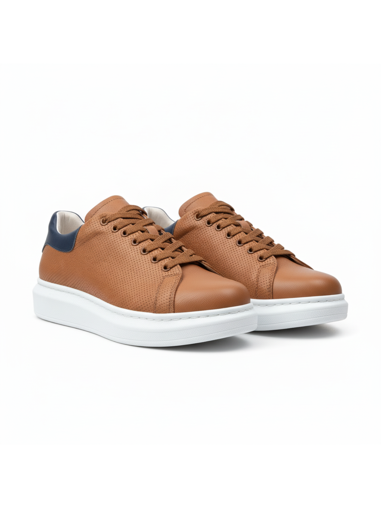 Men's Pluto Terra by Apollo Moda, brown and navy leather low-top sneaker with white sole, fourth angle