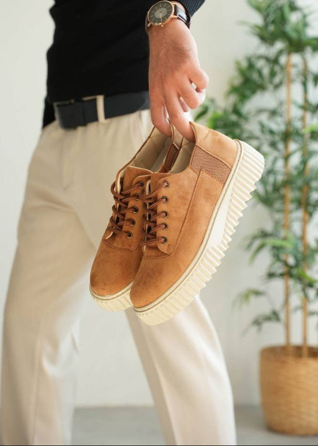 Men's Zephyr Clay by Apollo Moda, tan suede sneaker with thick ridged sole, second angle