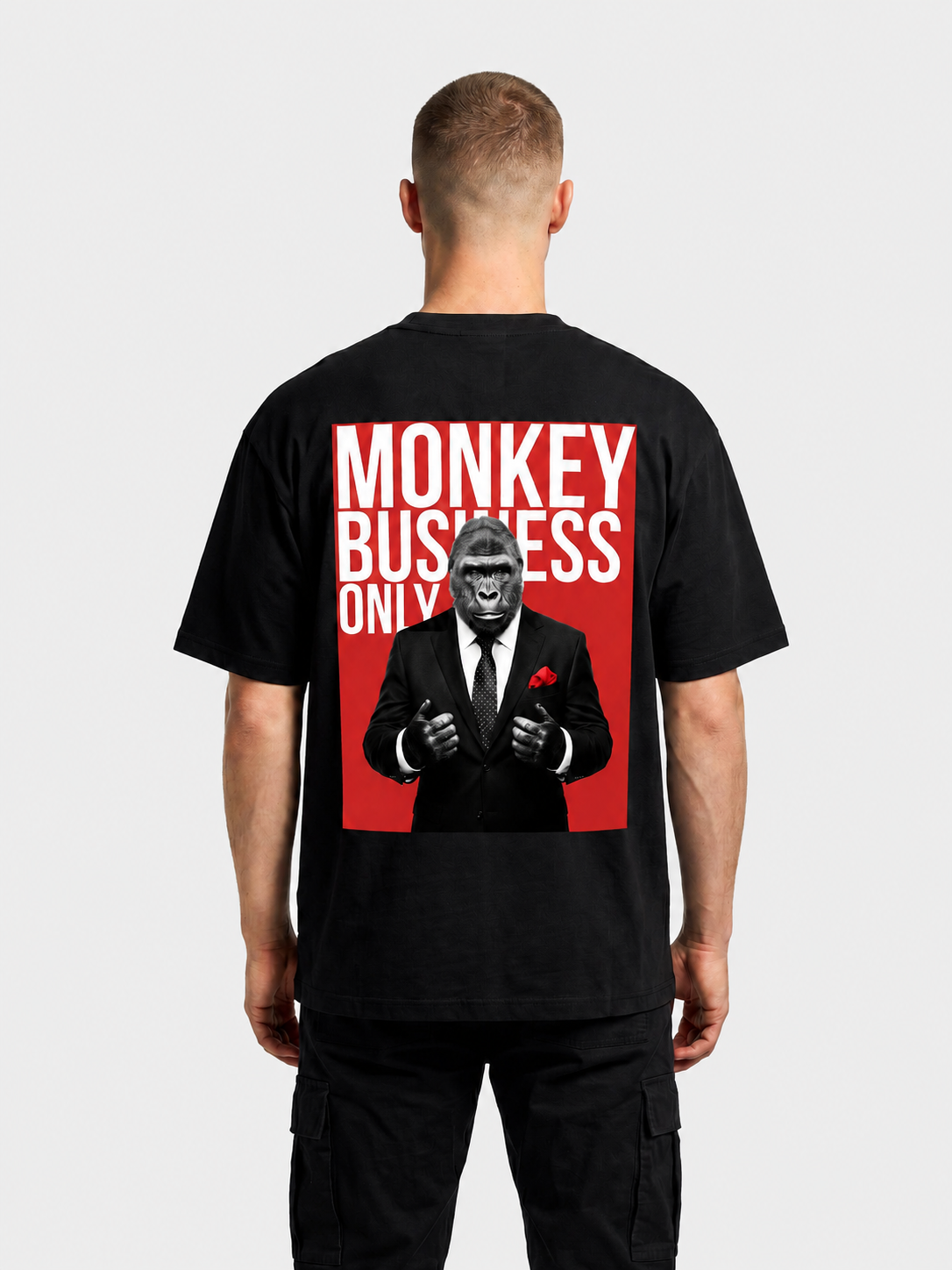 Monkey Business Only oversized graphic tee in black by Apollo Moda, worn by model
