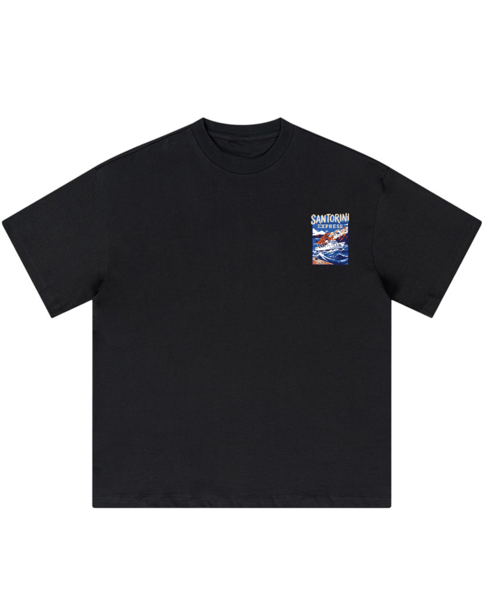 Santorini Express oversized graphic tee in black by Apollo Moda, front view