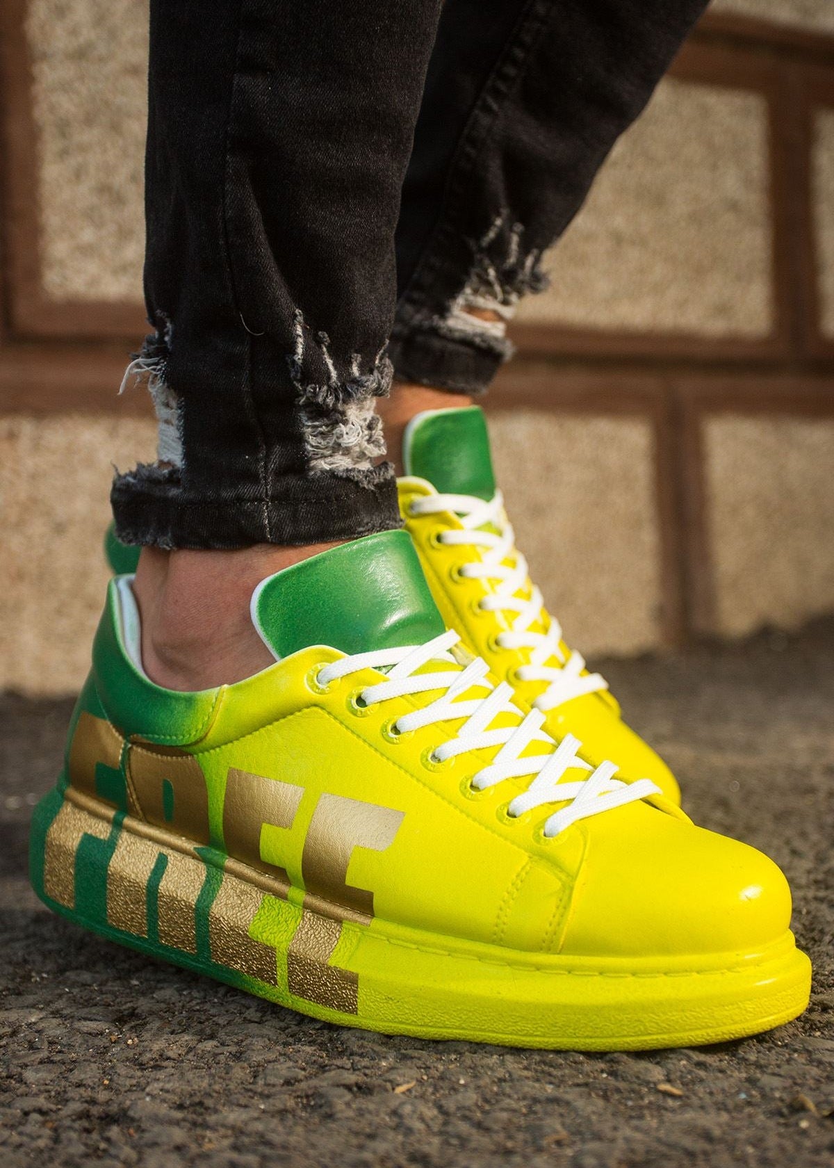 Hand-Painted Customized Sneakers for Men by Apollo Moda | Genova "FREE" Yellow/Green