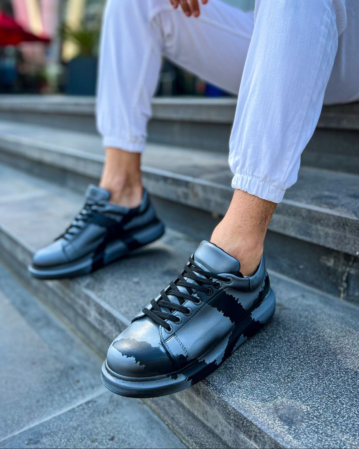 Hand-Painted Customized Sneakers for Men by Apollo Moda | Lisbon Grey & Black