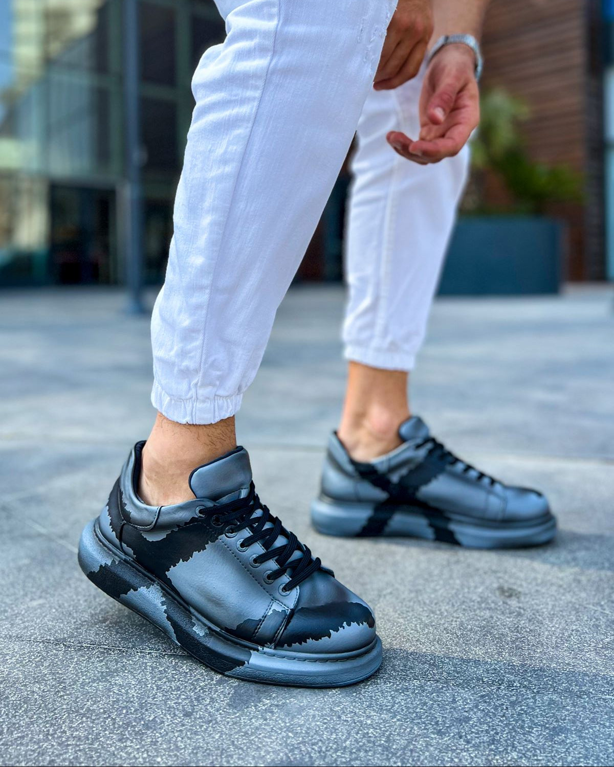 Hand-Painted Customized Sneakers for Men by Apollo Moda | Lisbon Grey & Black