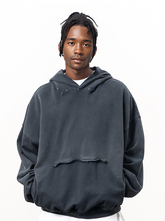 Sudadera con capucha desgastada y diseño de bolsillo invertido (440 g/m²) 