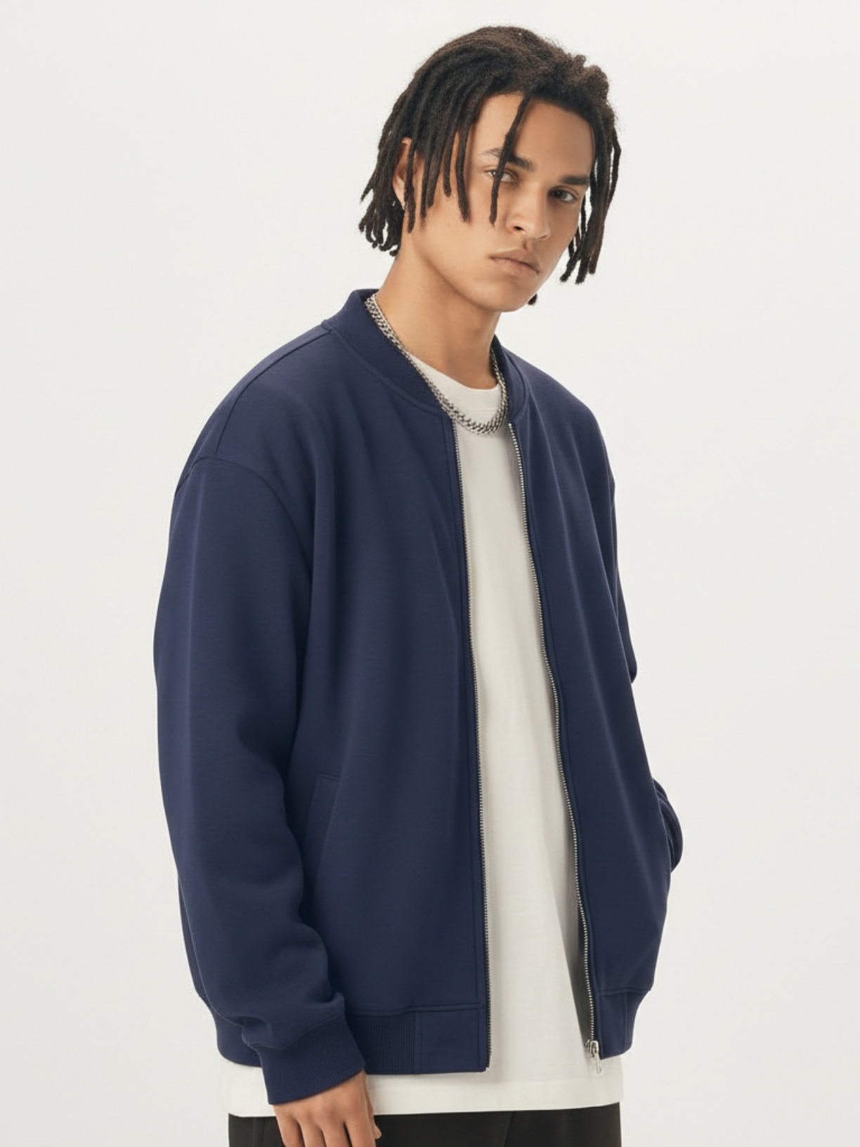 Apollo navy fleece zip-up baseball jacket by Apollo Moda, view 3