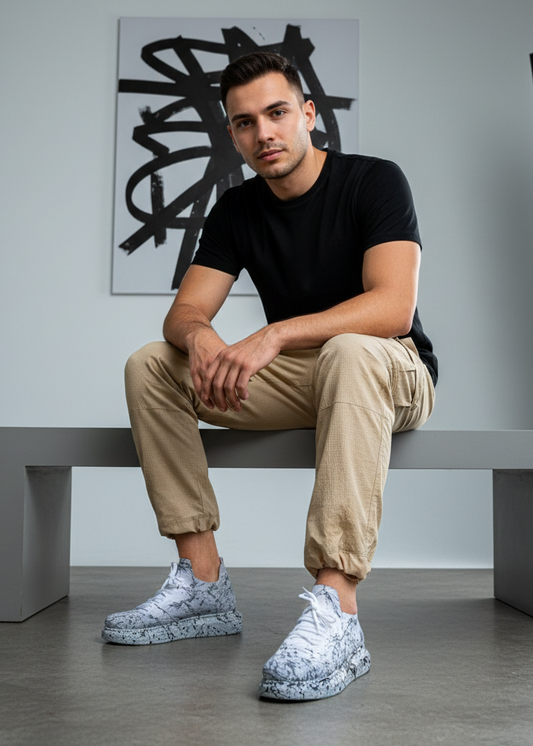 Man sitting on a bench wearing a black t-shirt, beige pants, and grey Apollo Moda sneakers in a modern room.