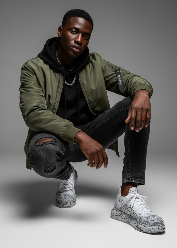 Man wearing a green jacket, black hoodie, and ripped jeans, grey Apollo Moda sneakers