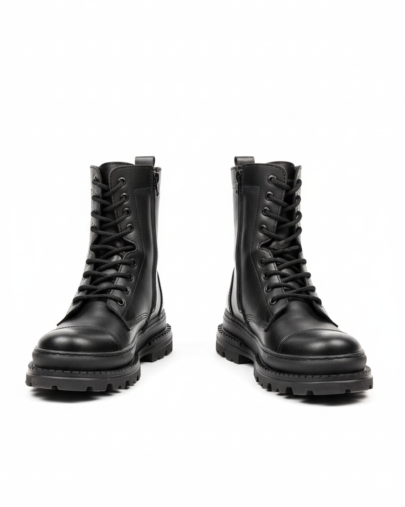 Front view of Orion Black Combat Boots by Apollo Moda in smooth black leather with lace-up front and thick treaded sole.