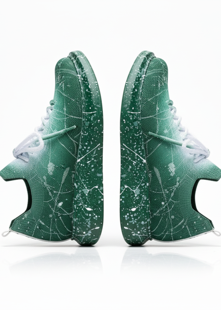 Side view of green knit Torino Green Peak White Mesh sneakers with white gradient and hand-painted splatter detailing.