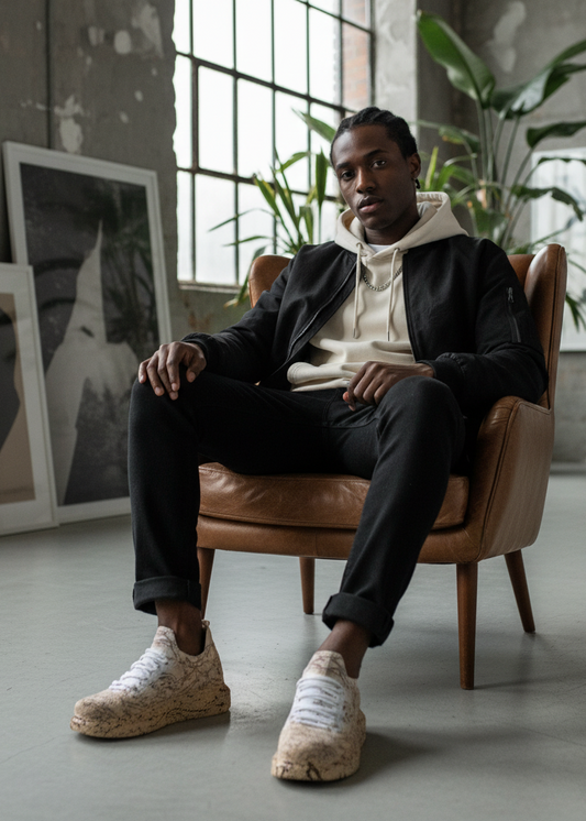 Man seated indoors wearing Torino Light Brown Peak sneakers with casual black pants and cream hoodie.