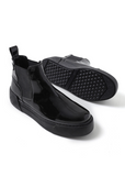 Side profile of black patent Avalon Chelsea Apollo boots with cushioned platform sole.