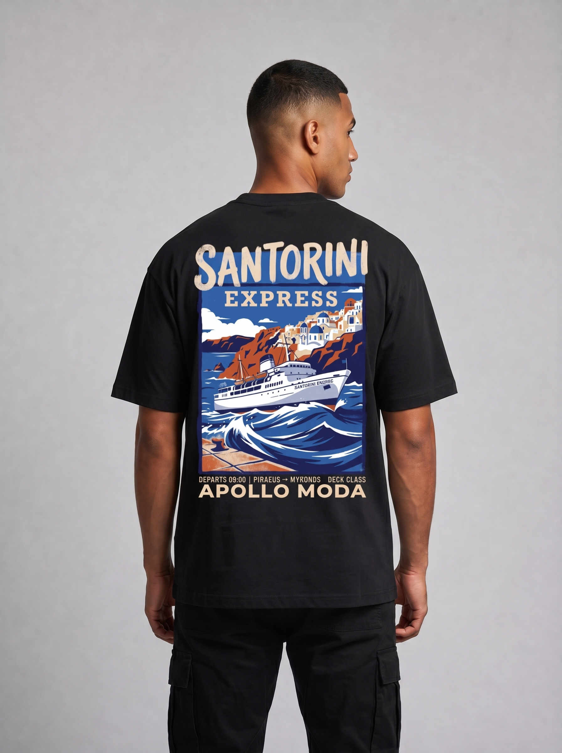 T-shirt graphique oversize Santorini Express — Noir