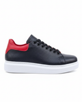 Apollo Moda men's Pluto Noir black leather sneaker with red detailing and white sole, sixth angle