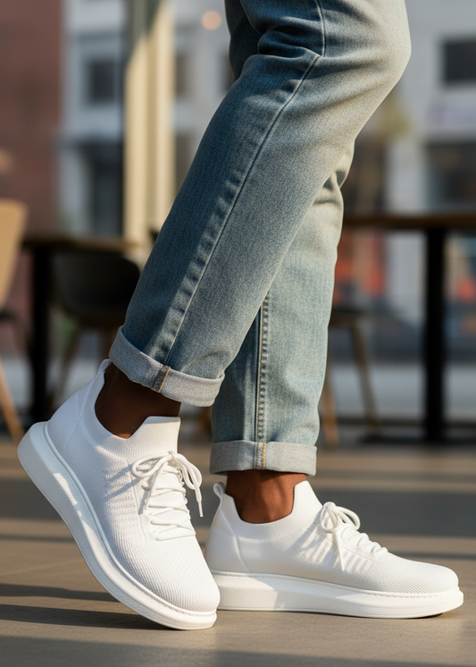 Torino Snowy Peak knit sneaker in white by Apollo Moda, worn with rolled-up jeans